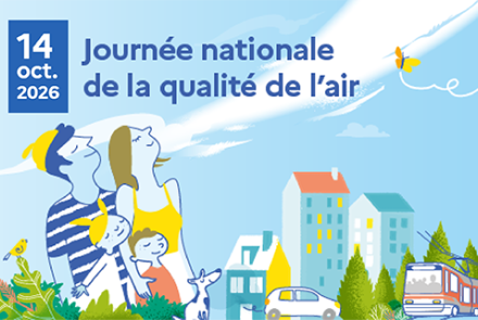 Visuel officiel de la journée nationale de la qualité de l'air, représentant dans un style dessiné une famille de 4 personnes et leur chien au premier plan, tous les cinq la tête orientée vers le haut et les yeux fermés pour humer l'air. Au second plan on aperçoit des bâtiments d'habitation et une voiture.