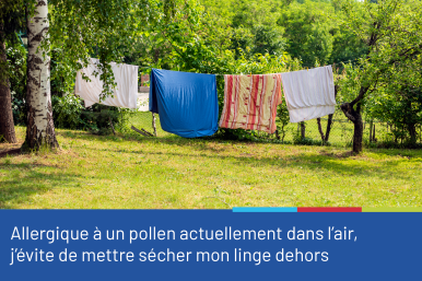 Photo représentant du linge étendu sur un fil à l'extérieur, dans un cadre naturel avec de l'herbe et des arbres. La photo est accompagnée du texte "Allergique à un pollen actuellement dans l'air, j'évite de mettre sécher mon linge dehors."