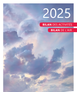 Photo d'un ciel nuageux accompagnée du titre "2025 - Bilan des activités - Bilan de l'air" et du logo d'Atmo BFC